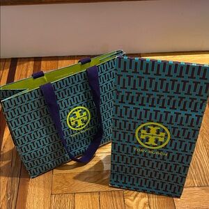Tory Burch Blue and Yellow Patterned Tote and Box